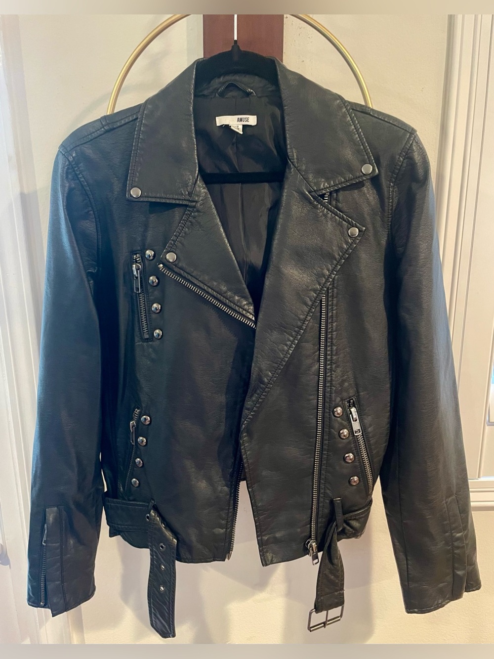 Muse Black Faux Leather Moto Jacket with Stud Details
